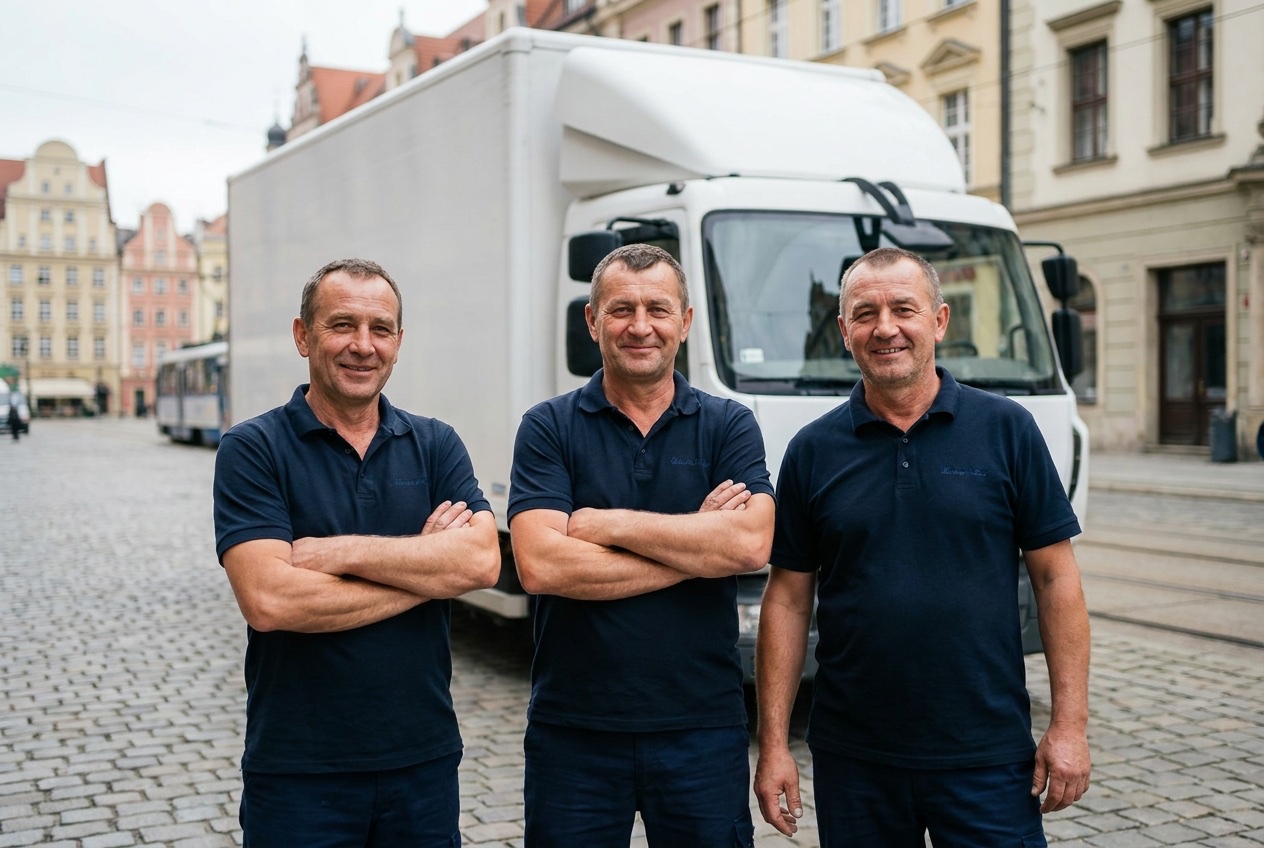 Zespół firmy Przenosiny przed samochodem firmowym, Rynek Wrocław