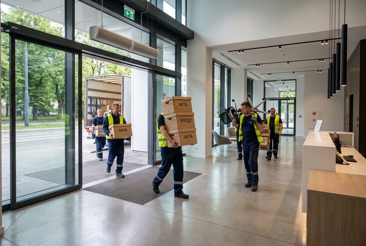 Przeprowadzka biura we Wrocławiu, ekipa wnosi sprzęt do nowej lokalizacji