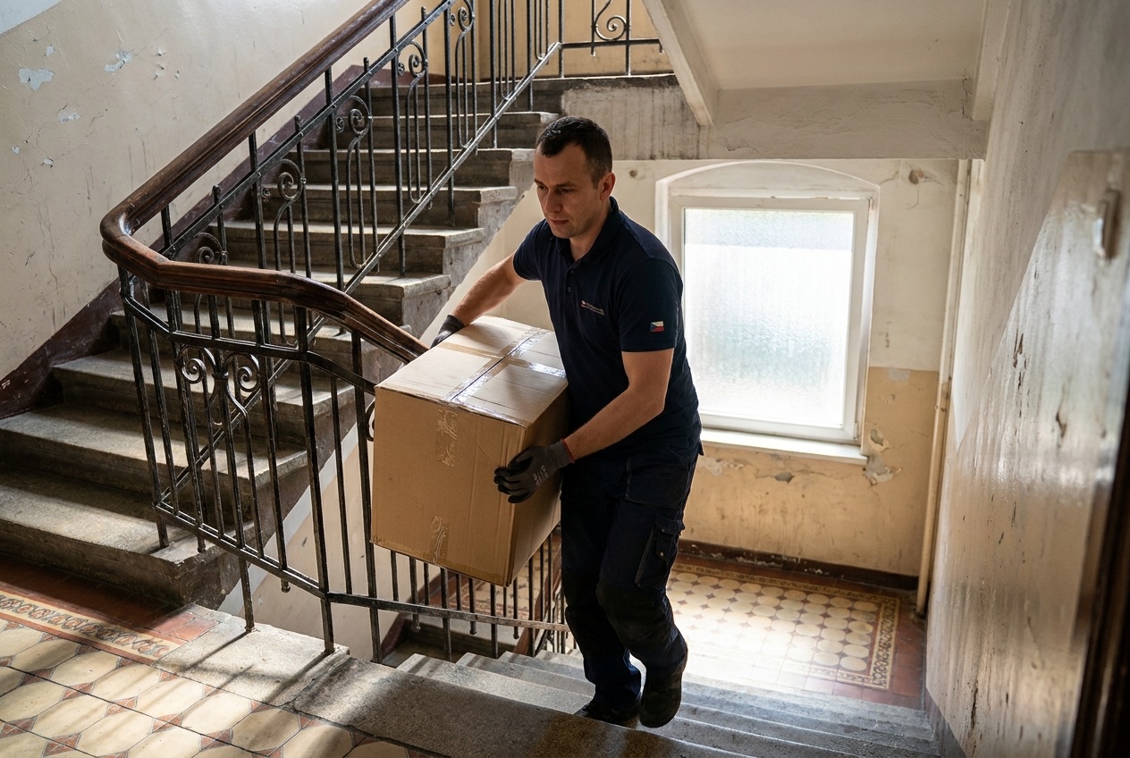 Mover wnosi karton po schodach kamienicy w centrum Wrocławia