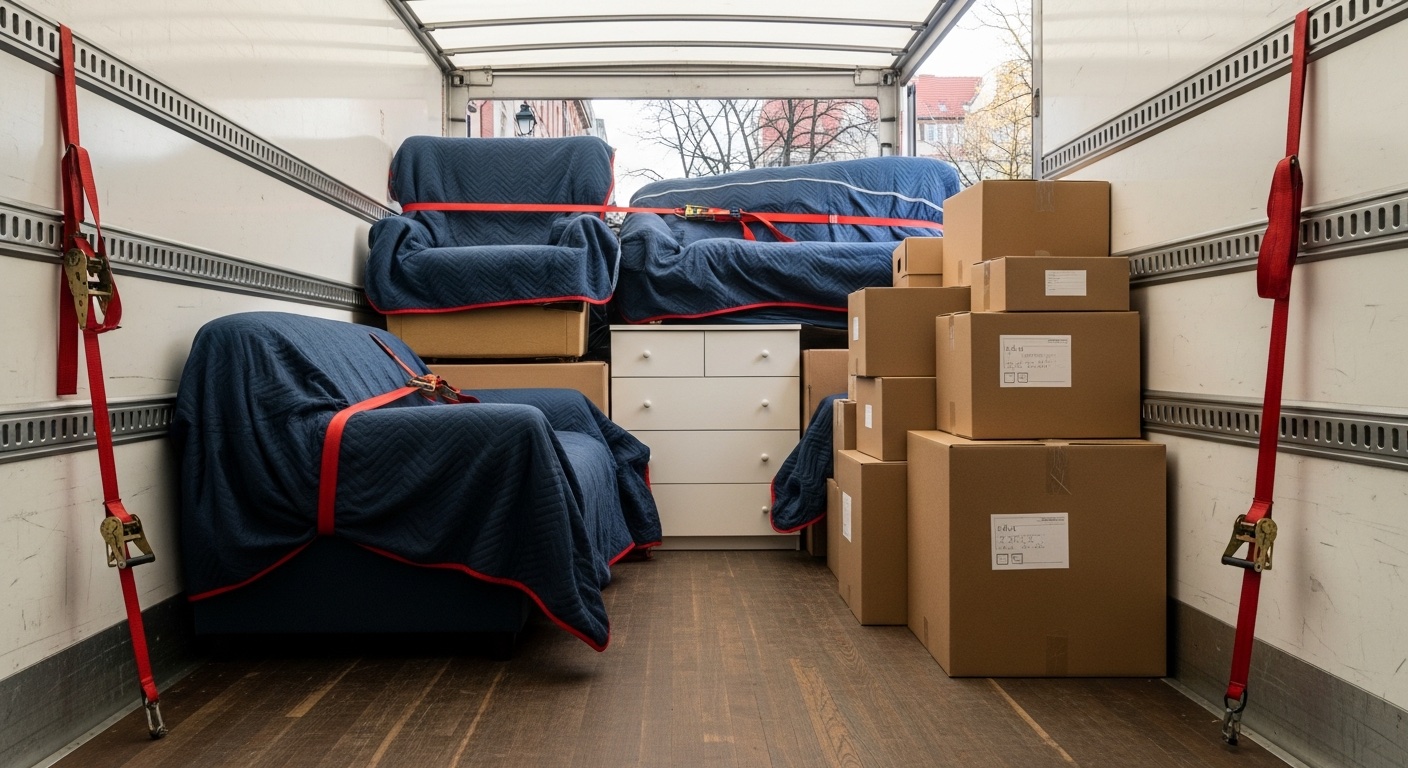 Wnętrze ciężarówki firmy Przenosiny z zabezpieczonymi meblami